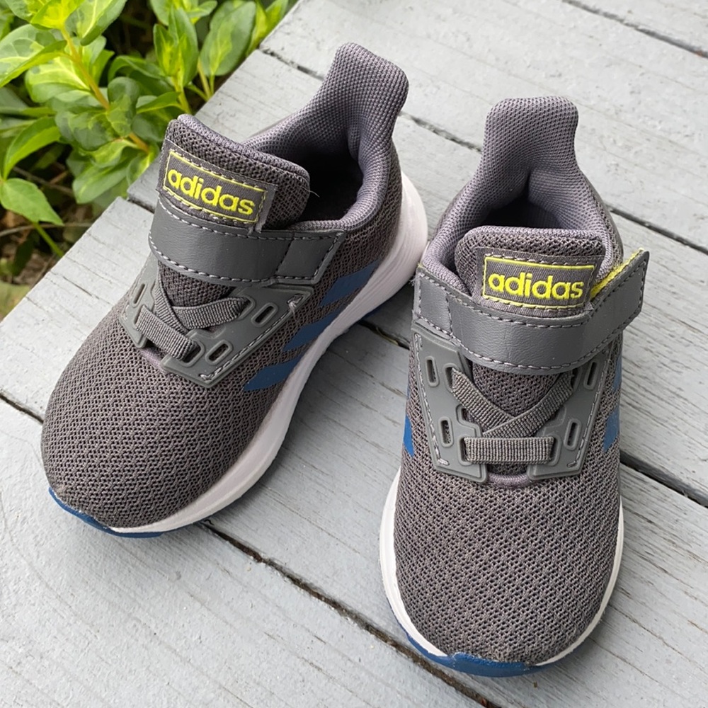 Baby Adidas Sneakers, grey with chartreuse & blue. Size 5K.